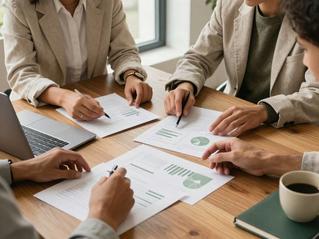 Business professionals reviewing printed charts together at a wooden meeting table