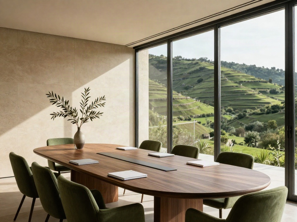 Sunlit contemporary boardroom overlooking the green hills of Portugal